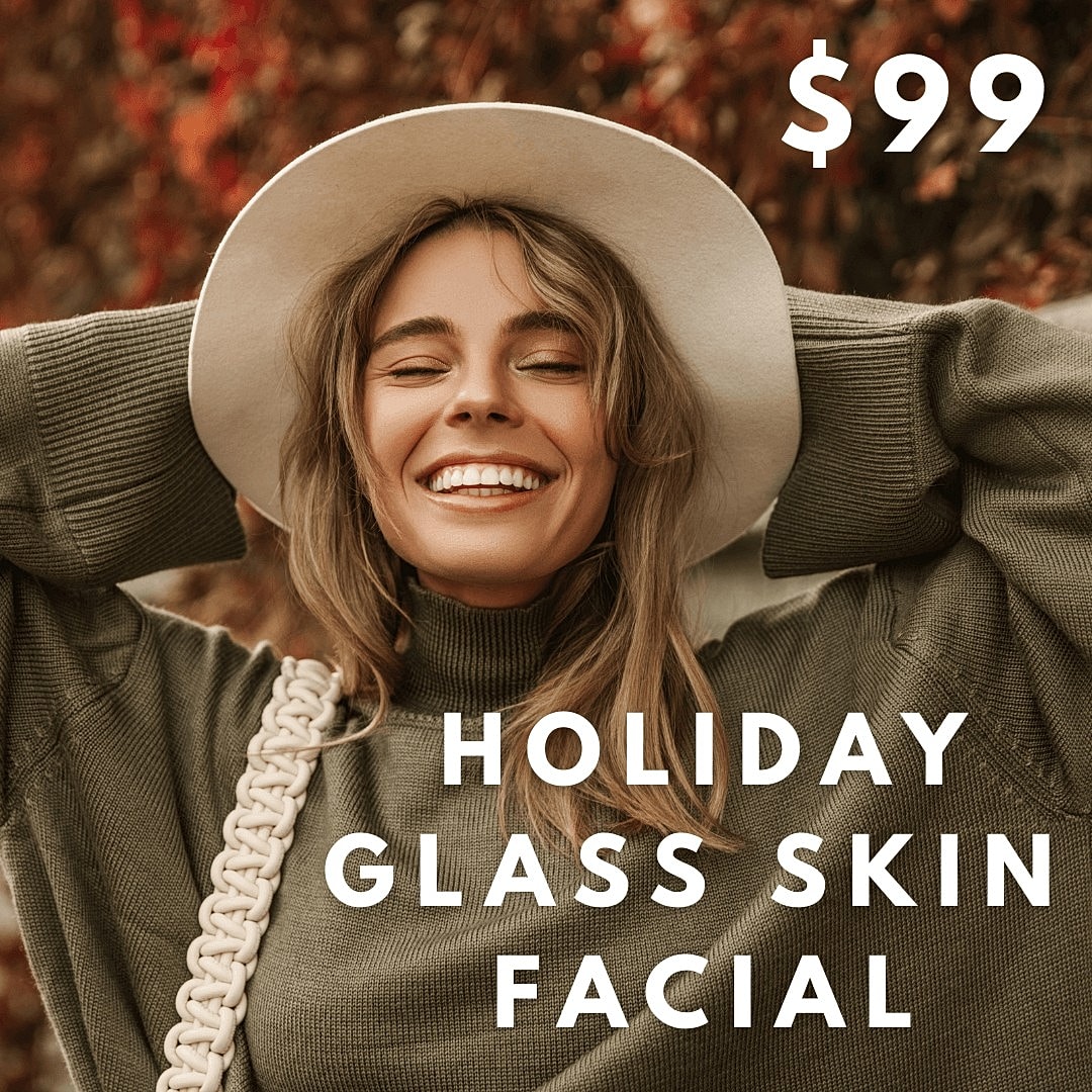 Holiday glass skin facial promotion with smiling woman.