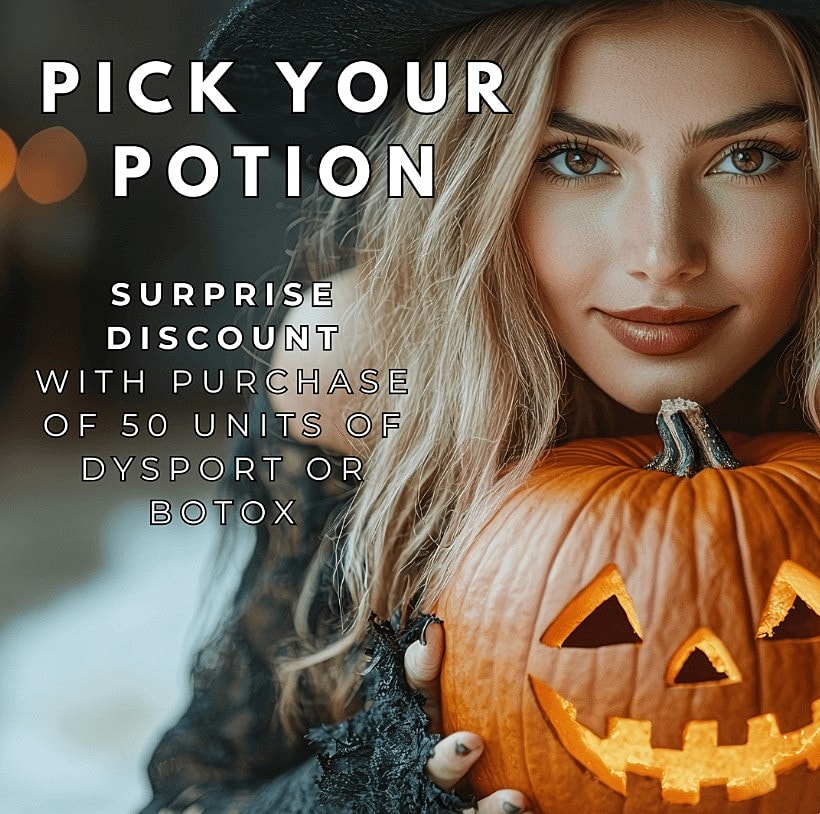 Woman holding pumpkin with Halloween promotion text.
